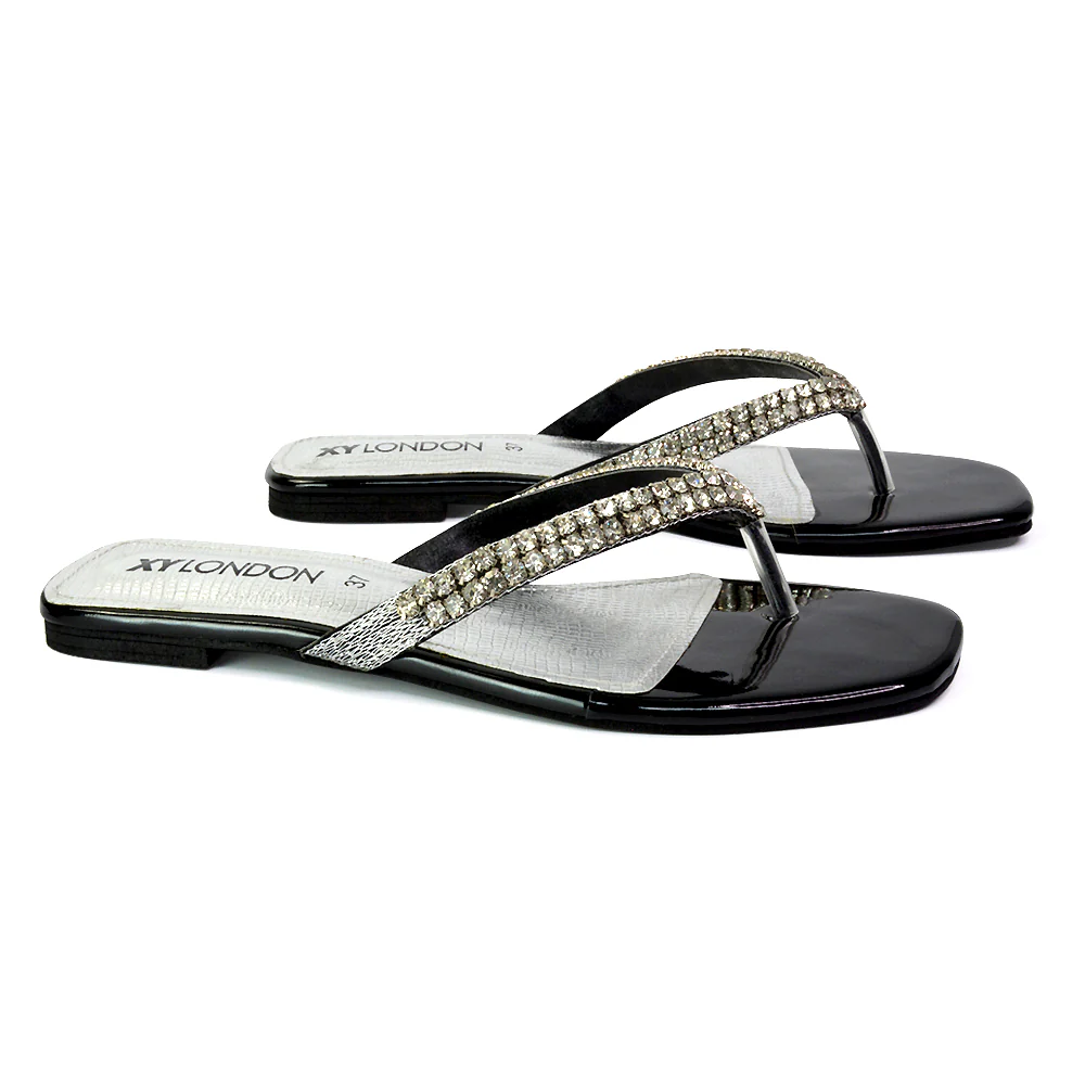 Jazlyn Flat Diamante Flip Flop Sandals Thong Summer Shoes in Silver - Image 154