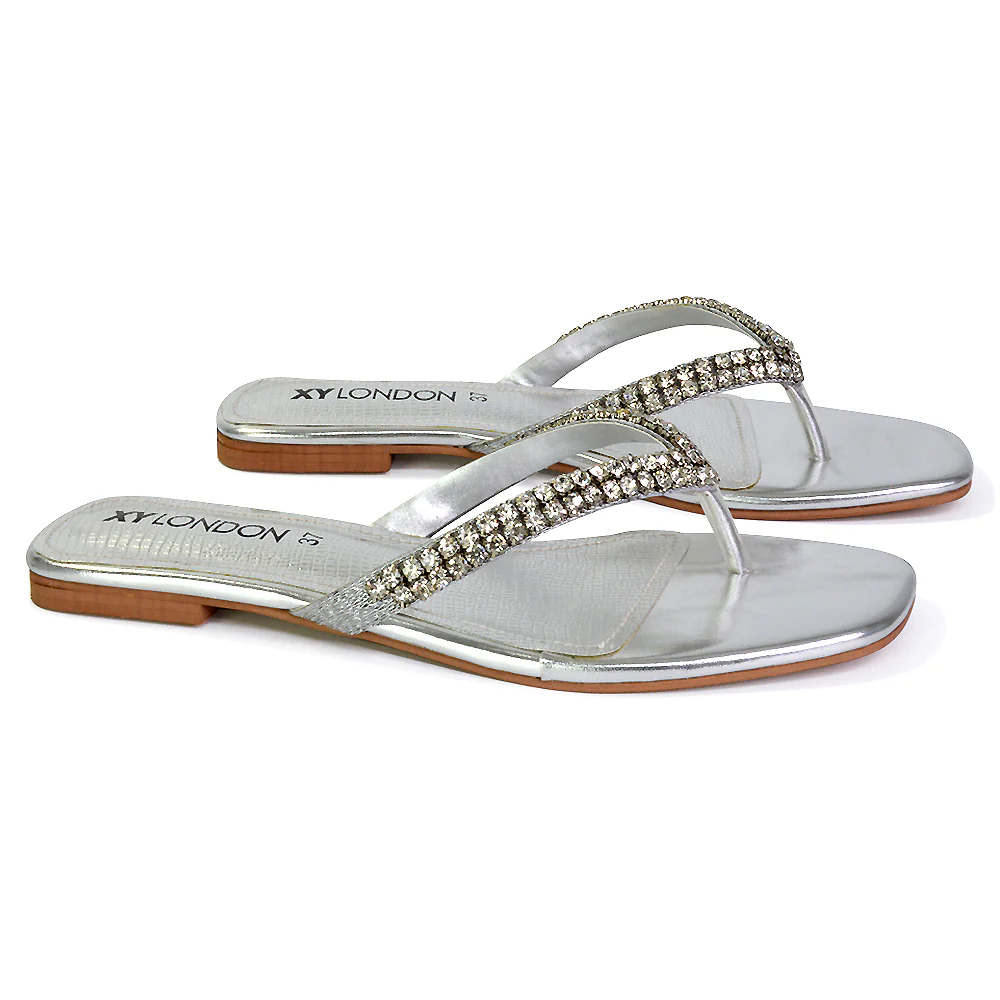 Jazlyn Flat Diamante Flip Flop Sandals Thong Summer Shoes in Silver - Image 69