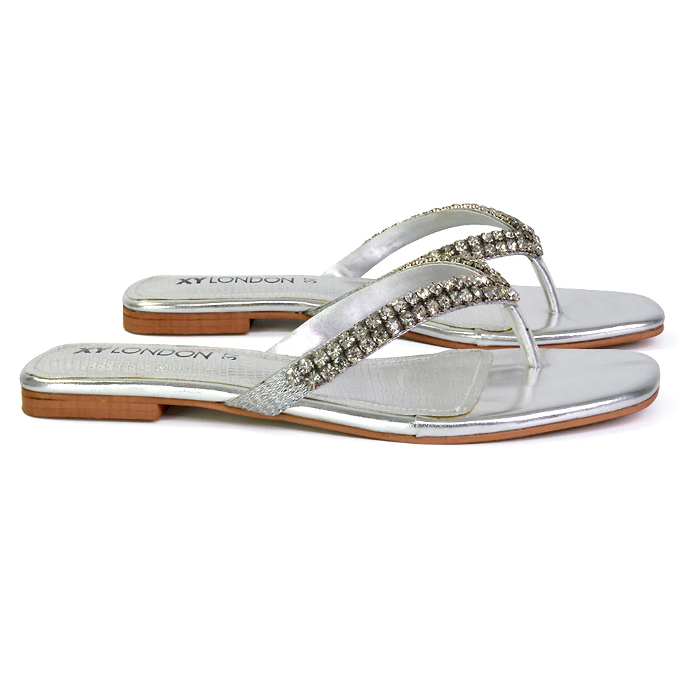 Jazlyn Flat Diamante Flip Flop Sandals Thong Summer Shoes in Silver - Image 76