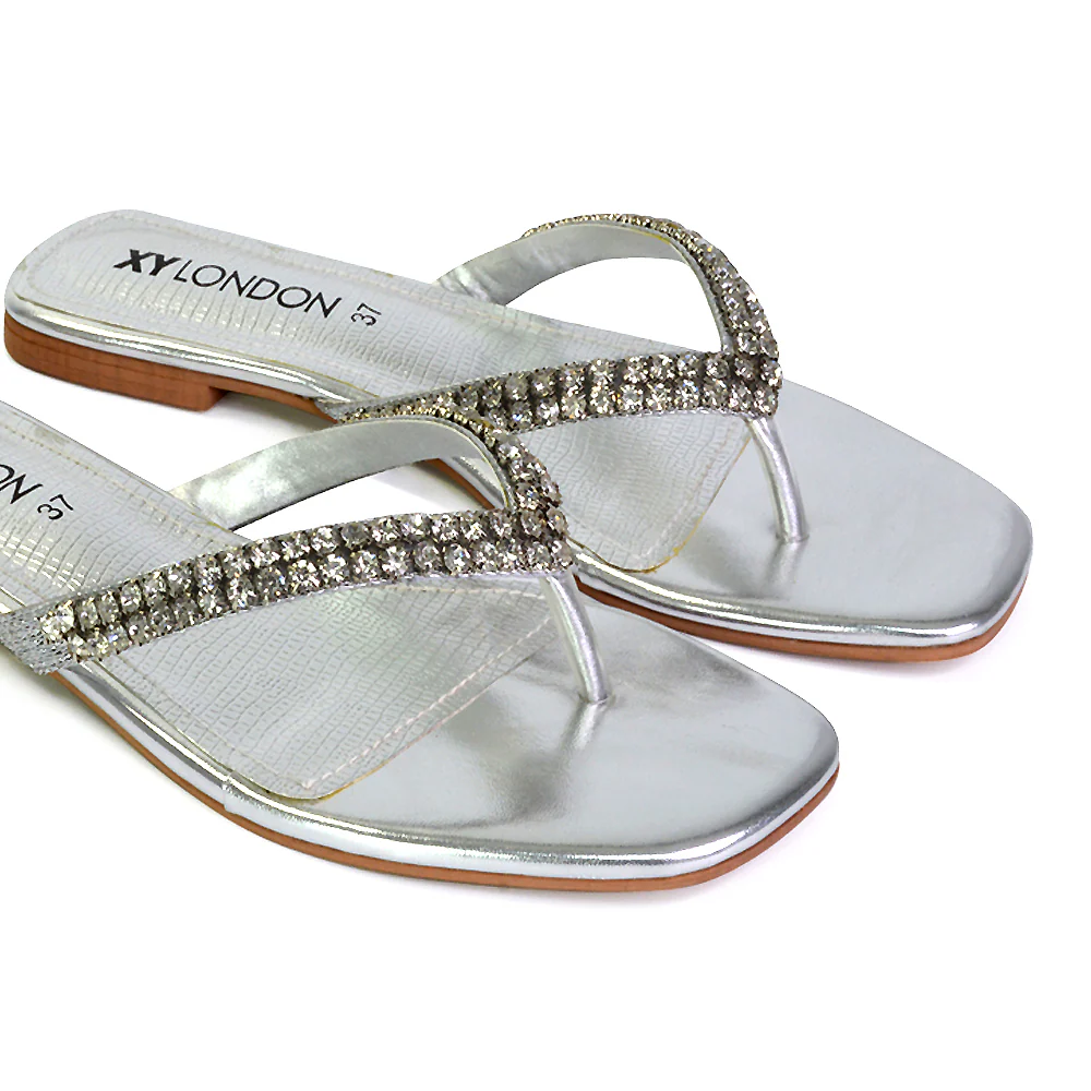 Jazlyn Flat Diamante Flip Flop Sandals Thong Summer Shoes in Silver - Image 77