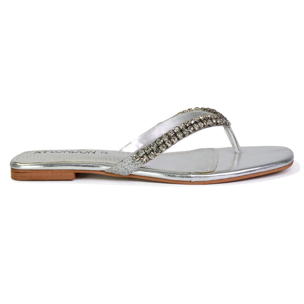 Jazlyn Flat Diamante Flip Flop Sandals Thong Summer Shoes in Silver - Image 93