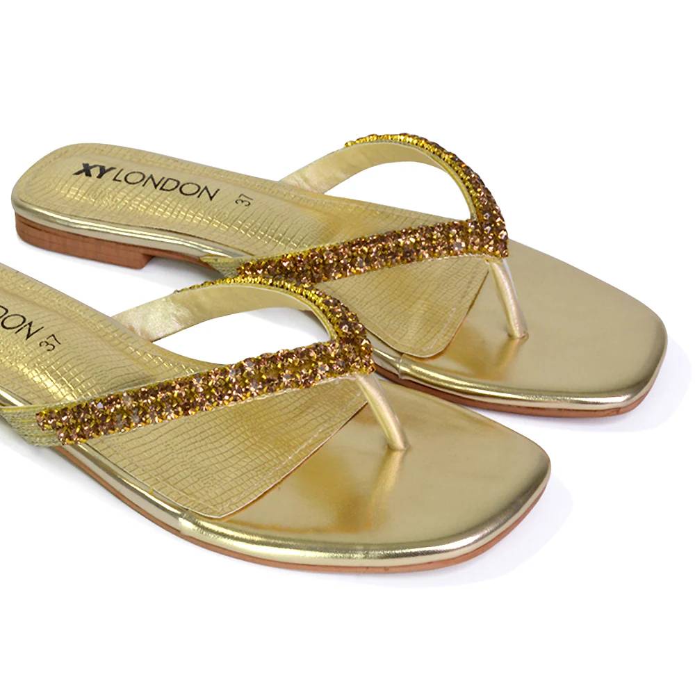 Jazlyn Flat Diamante Flip Flop Sandals Thong Summer Shoes in Silver - Image 97