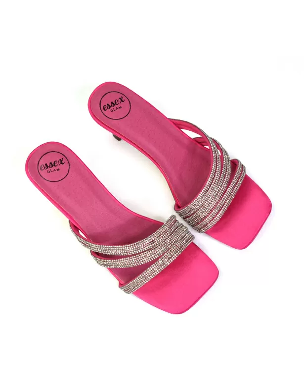Jennie Square Toe Diamante Sparkly Gem Crystal Sandal Heeled Mules in Fuchsia - Image 2