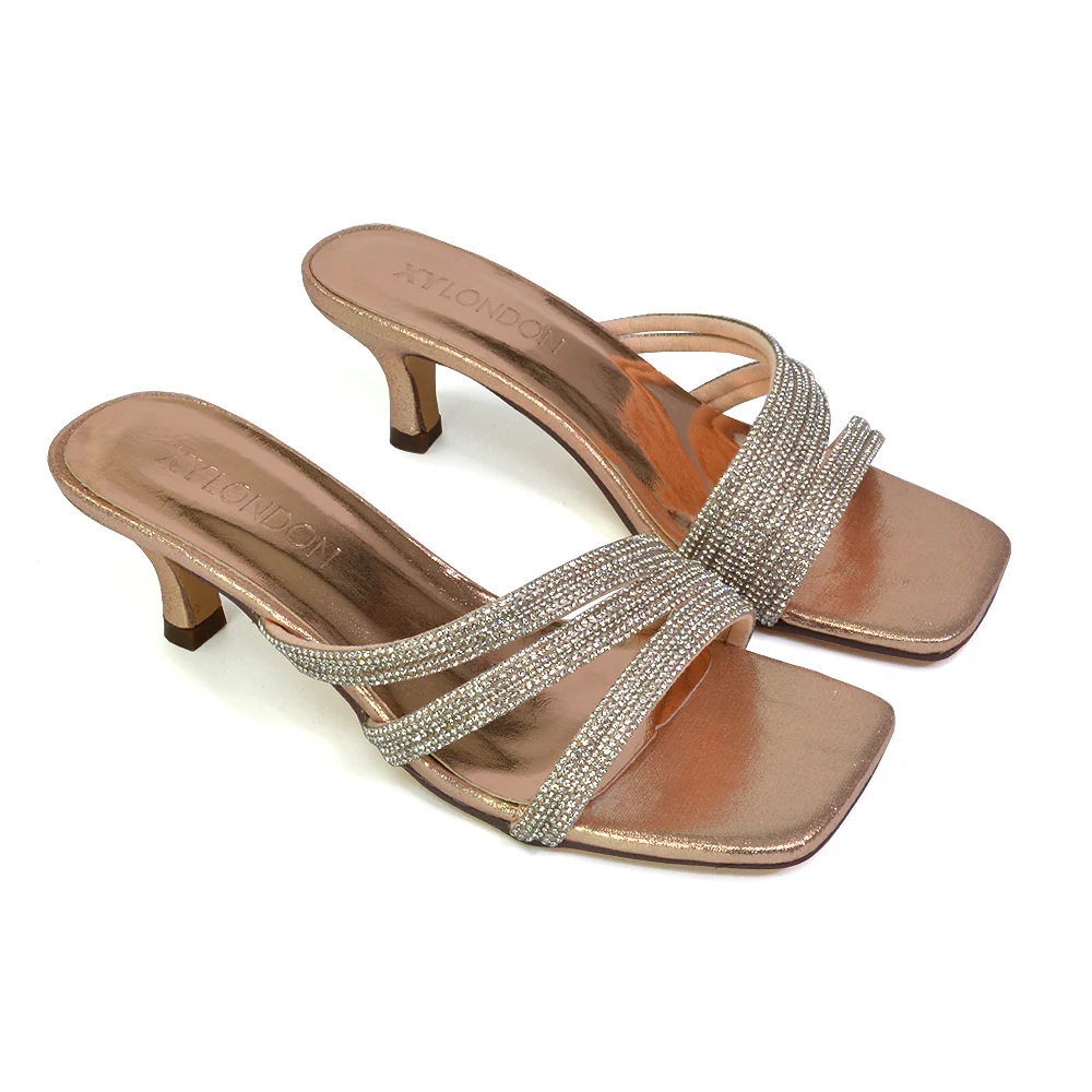 Jennie Square Toe Diamante Sparkly Gem Crystal Sandal Heeled Mules in Fuchsia - Image 88