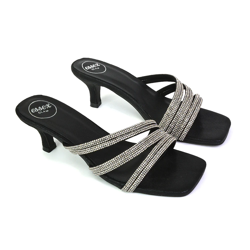 Jennie Square Toe Diamante Sparkly Gem Crystal Sandal Heeled Mules in Silver - Image 122