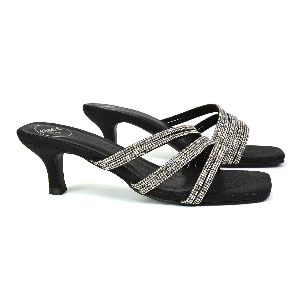 Jennie Square Toe Diamante Sparkly Gem Crystal Sandal Heeled Mules in Silver - Image 125