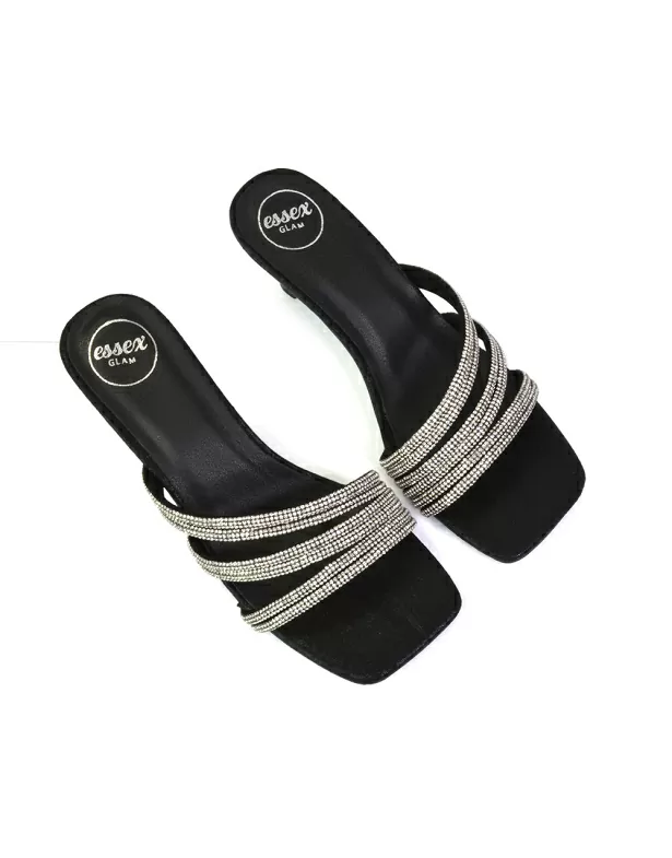 Jennie Square Toe Diamante Sparkly Gem Crystal Sandal Heeled Mules in Silver - Image 7