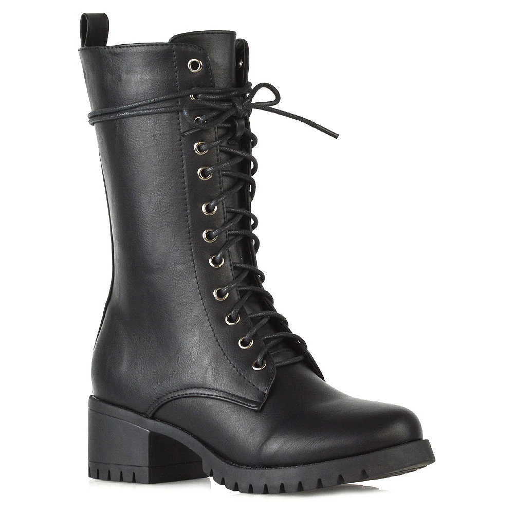 Jennifer Mid Calf Chunky Block Low Heel Lace Up Biker Boots in Black Synthetic Leather - Image 3