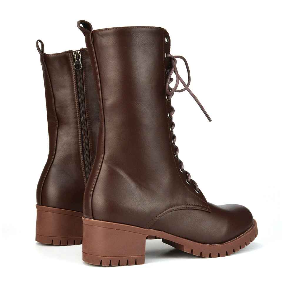 Jennifer Mid Calf Chunky Block Low Heel Lace Up Biker Boots in Black Synthetic Leather - Image 6