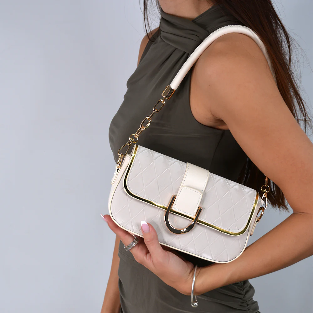 Jesse Quilted Gold Detailing Strap Shoulder Bag in Beige - Image 3