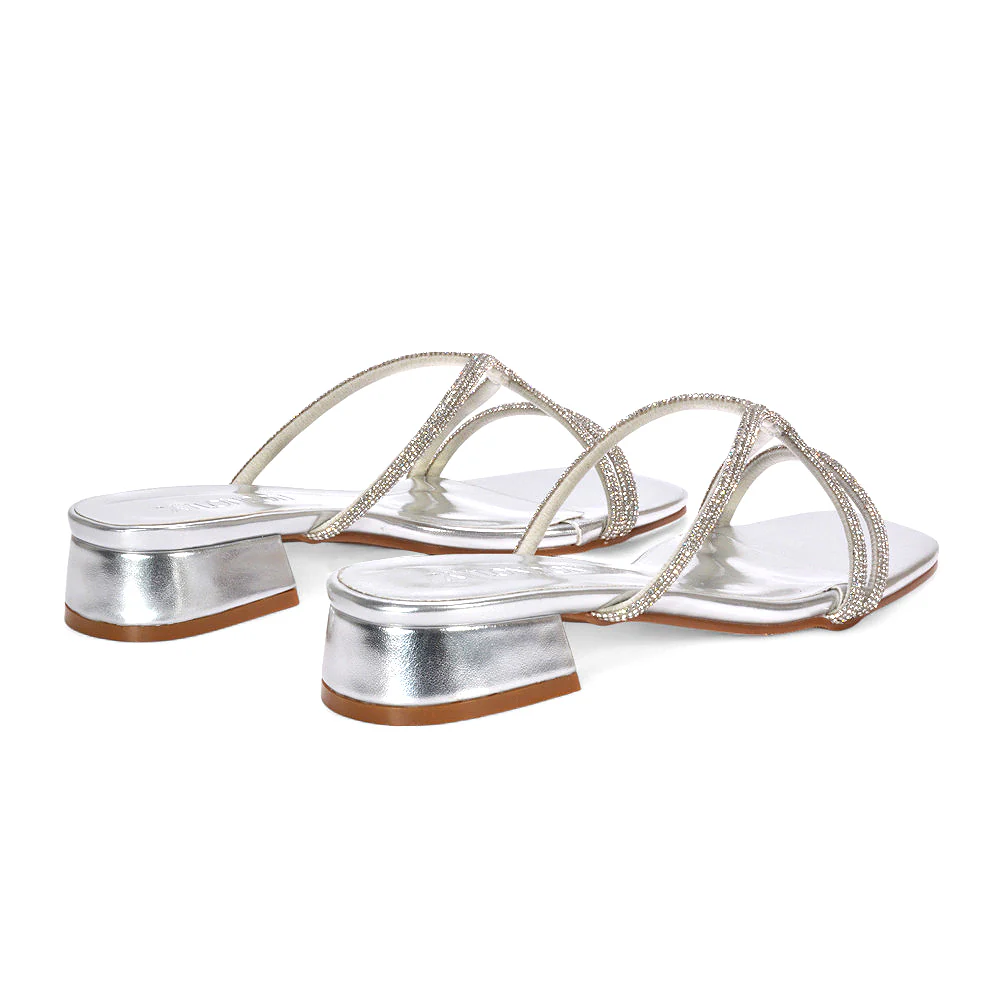 Jessica Low Block Heel Square Toe Diamante Heeled Sandals in Silver Metallic - Image 4