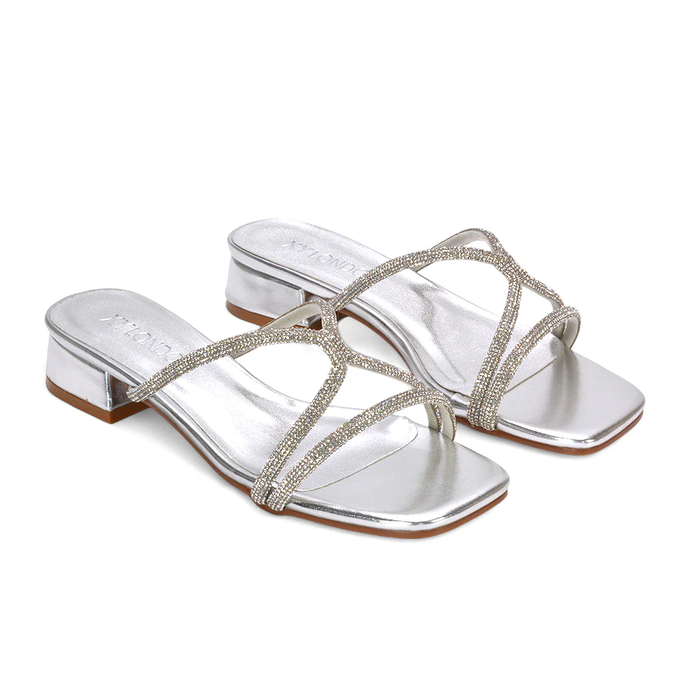 Jessica Low Block Heel Square Toe Diamante Heeled Sandals in Silver Metallic - Image 5
