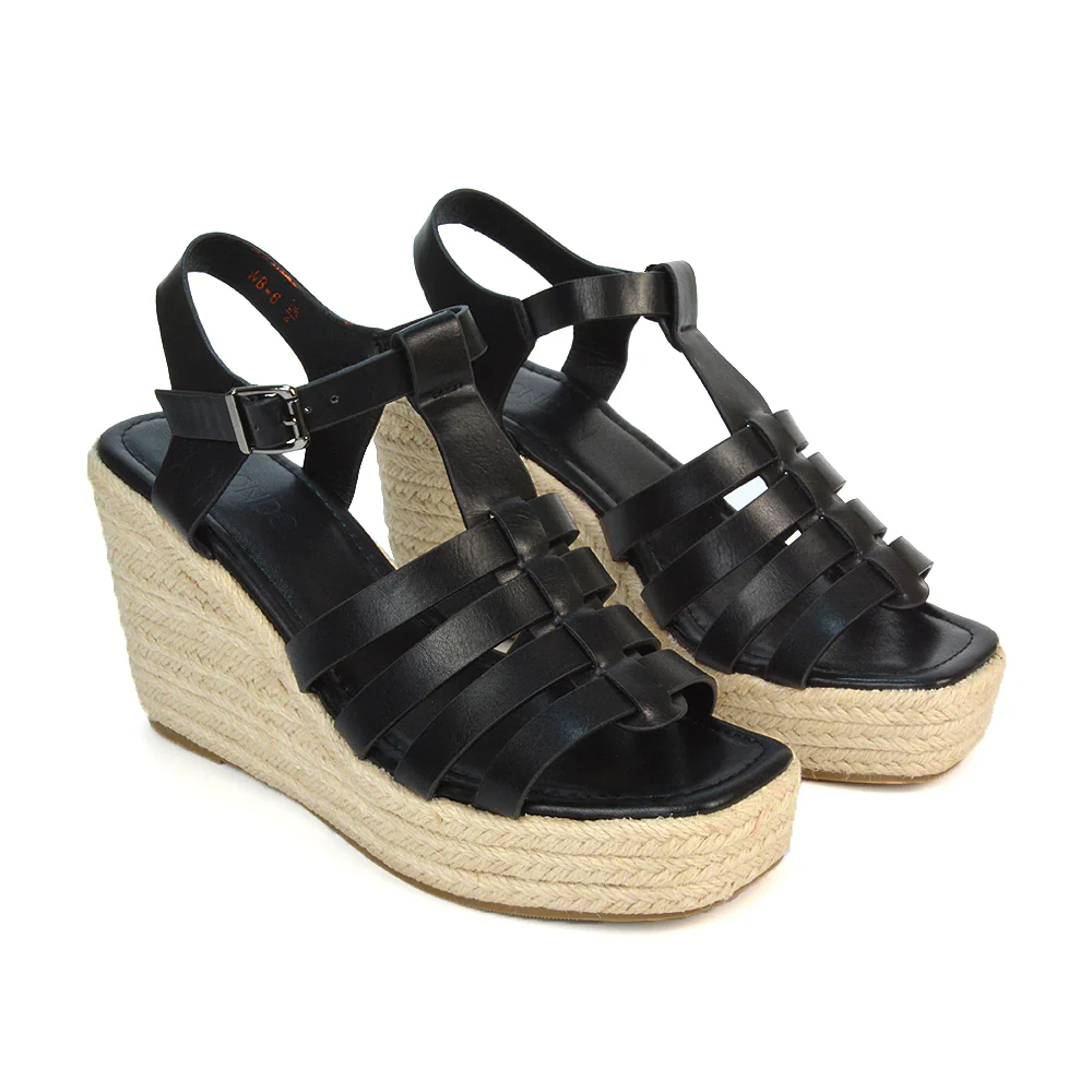 Jojo Espadrille Platform Wedge Heel Sandals With Ankle Strap in Black - Image 89