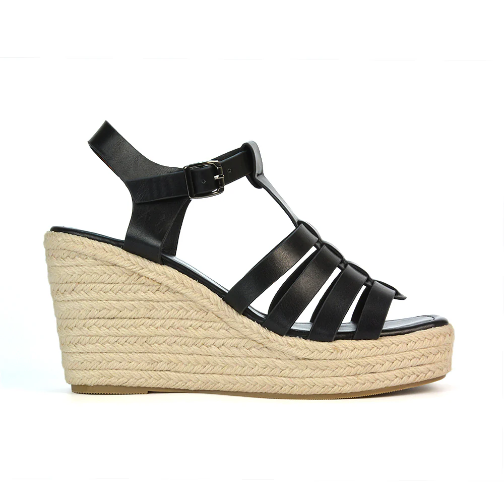 Jojo Espadrille Platform Wedge Heel Sandals With Ankle Strap in Black - Image 93