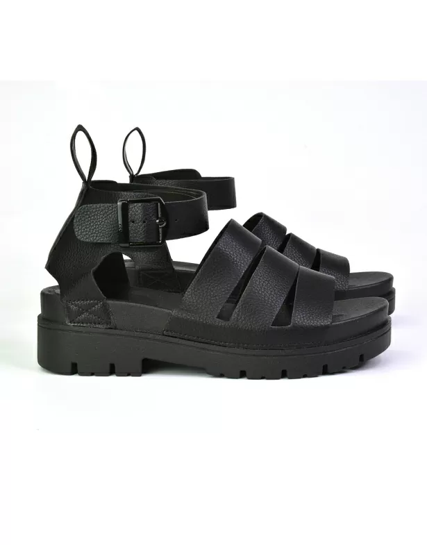 Jonas Chunky Flatform Sandals with Buckle Up Ankle Strap in Black - Image 4