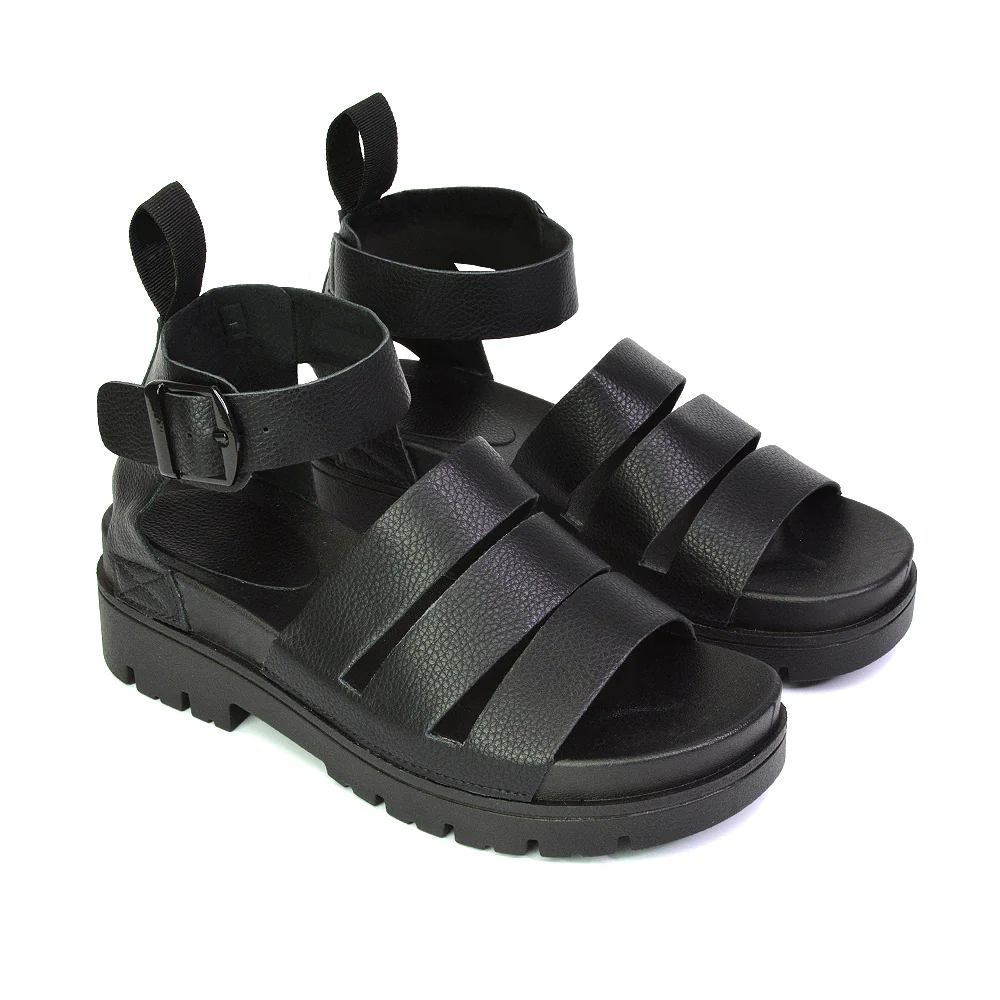 Jonas Chunky Flatform Sandals with Buckle Up Ankle Strap in Black - Image 46
