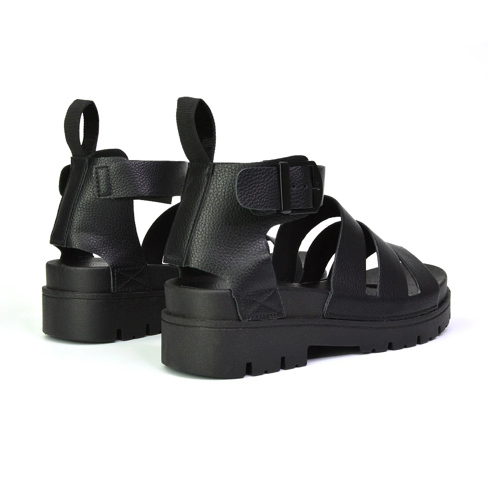 Jonas Chunky Flatform Sandals with Buckle Up Ankle Strap in Black - Image 47