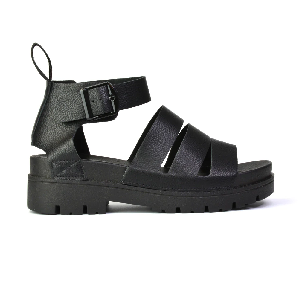 Jonas Chunky Flatform Sandals with Buckle Up Ankle Strap in Black - Image 48