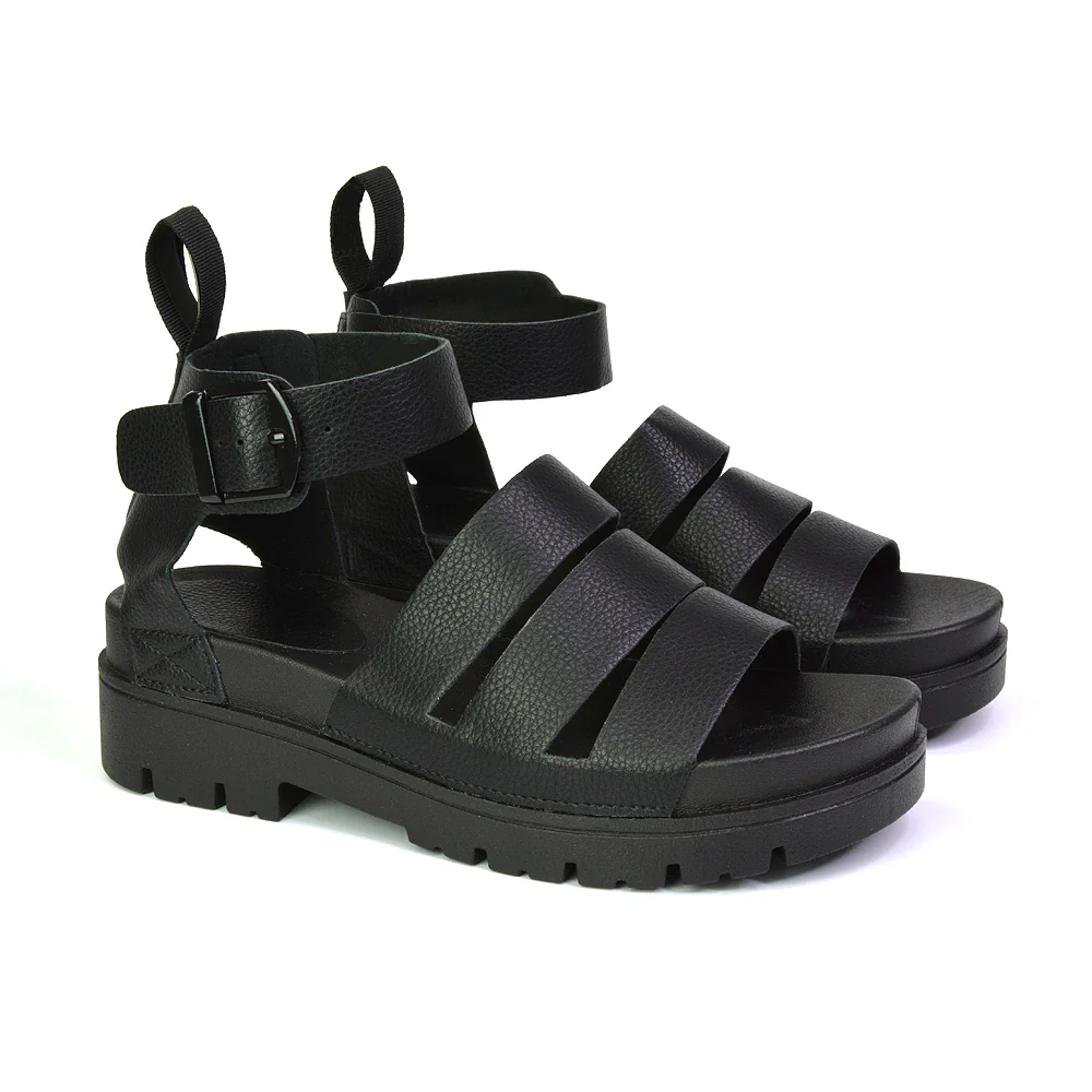 Jonas Chunky Flatform Sandals with Buckle Up Ankle Strap in Black - Image 59