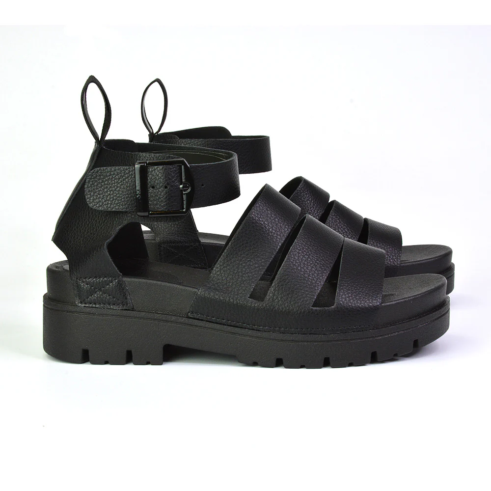Jonas Chunky Flatform Sandals with Buckle Up Ankle Strap in Black - Image 65
