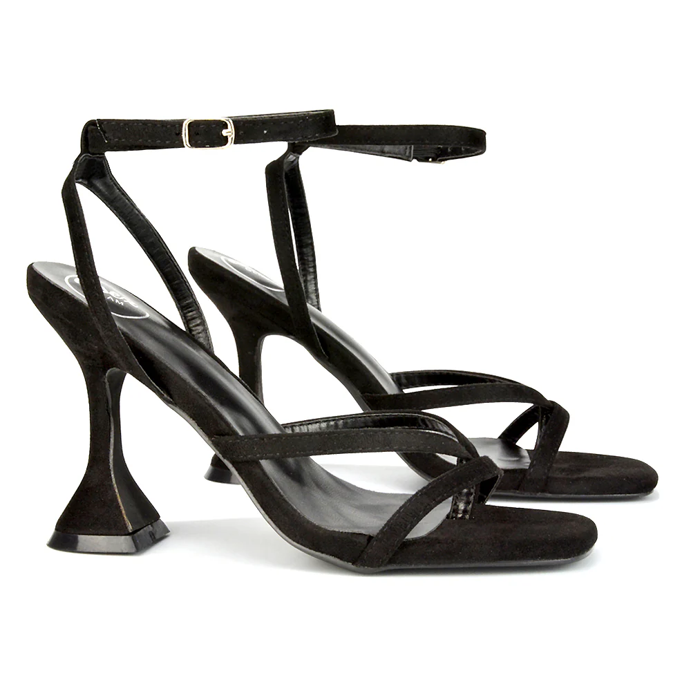 Joni Square Toe Post Block Strappy Sculptured High Heel Sandals in Black Faux Suede - Image 108