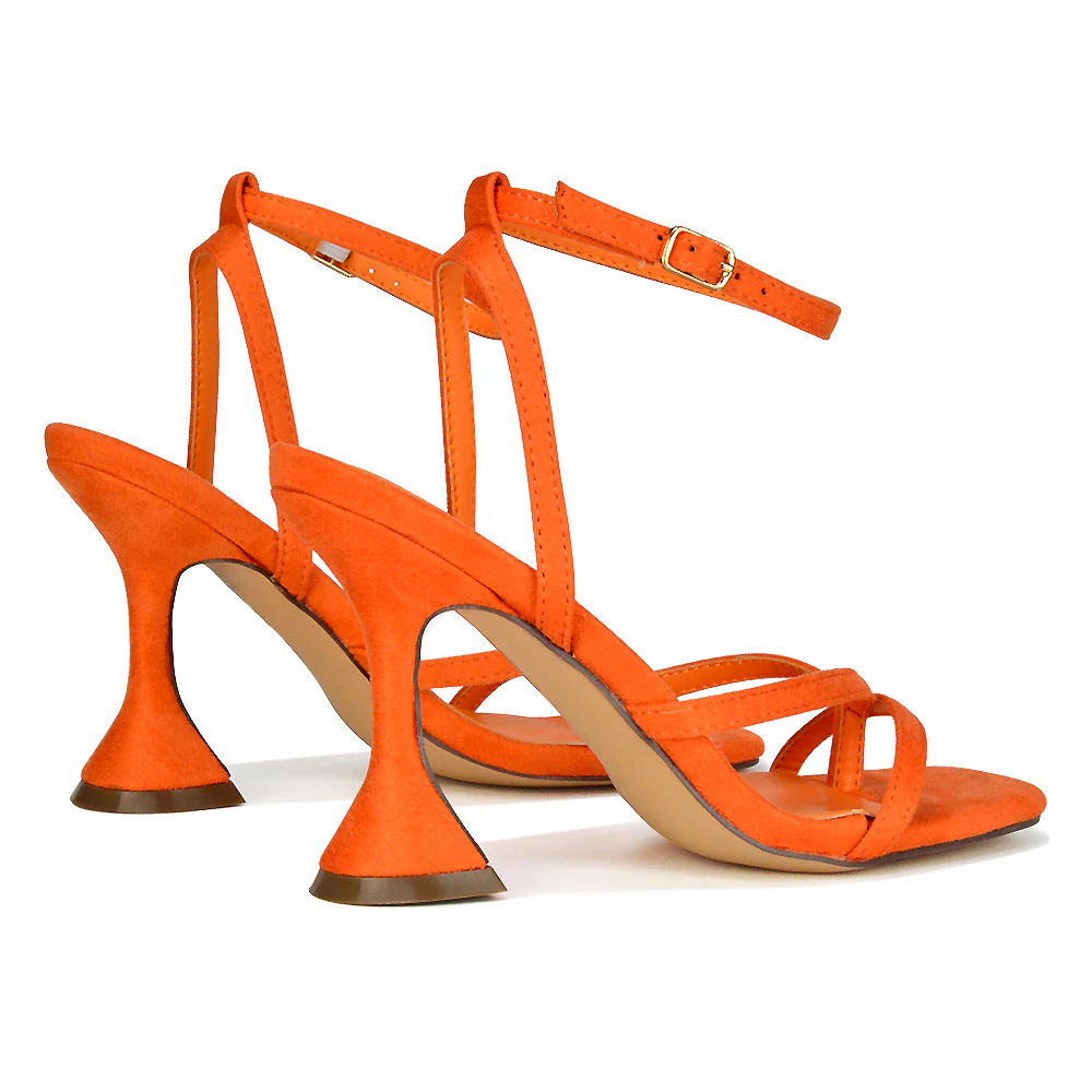 Joni Square Toe Post Block Strappy Sculptured High Heel Sandals in Orange Faux Suede - Image 43