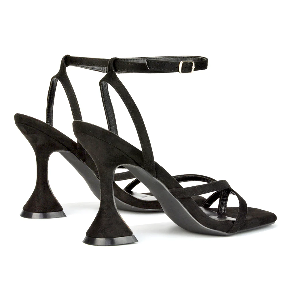 Joni Square Toe Post Block Strappy Sculptured High Heel Sandals in Purple Faux Sued - Image 106