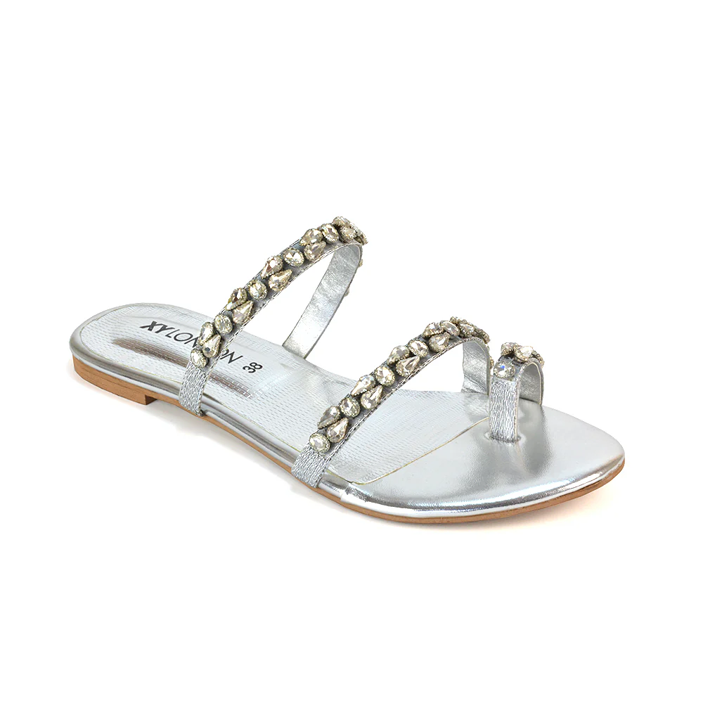 Jordana Flat Diamante Toe Post Sandals Rhinestone Summer Slides in Black - Image 9