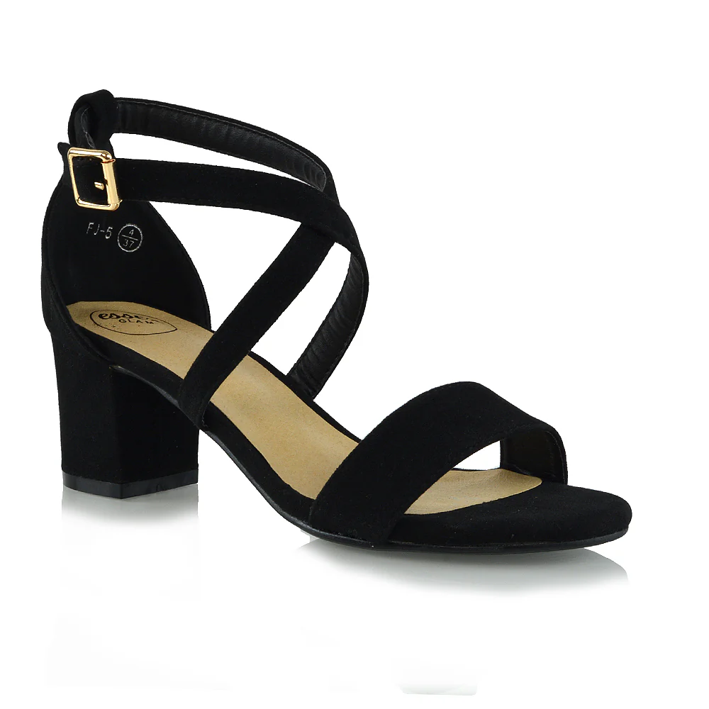 Jordyn Womens Cross Over Buckle Strap Low Chunky Block Heels IN BLACK FAUX SUEDE - Image 11