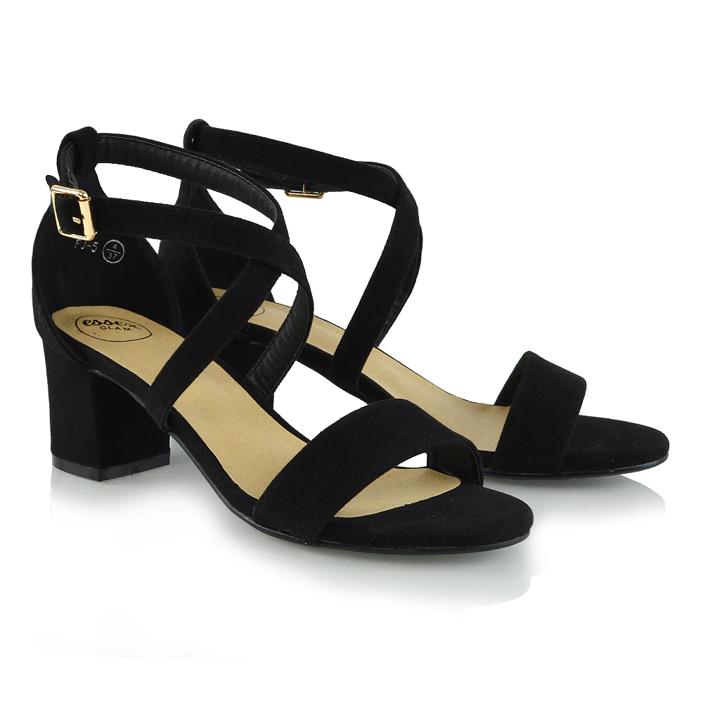 Jordyn Womens Cross Over Buckle Strap Low Chunky Block Heels IN BLACK FAUX SUEDE - Image 3