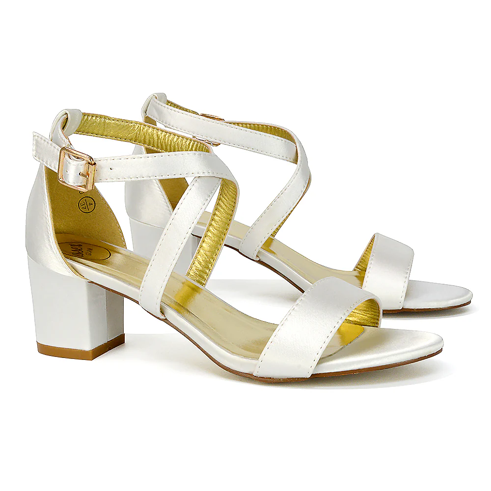 Jordyn Womens Cross Over Buckle Strap Low Chunky Block Heels IN IVORY SATIN - Image 14