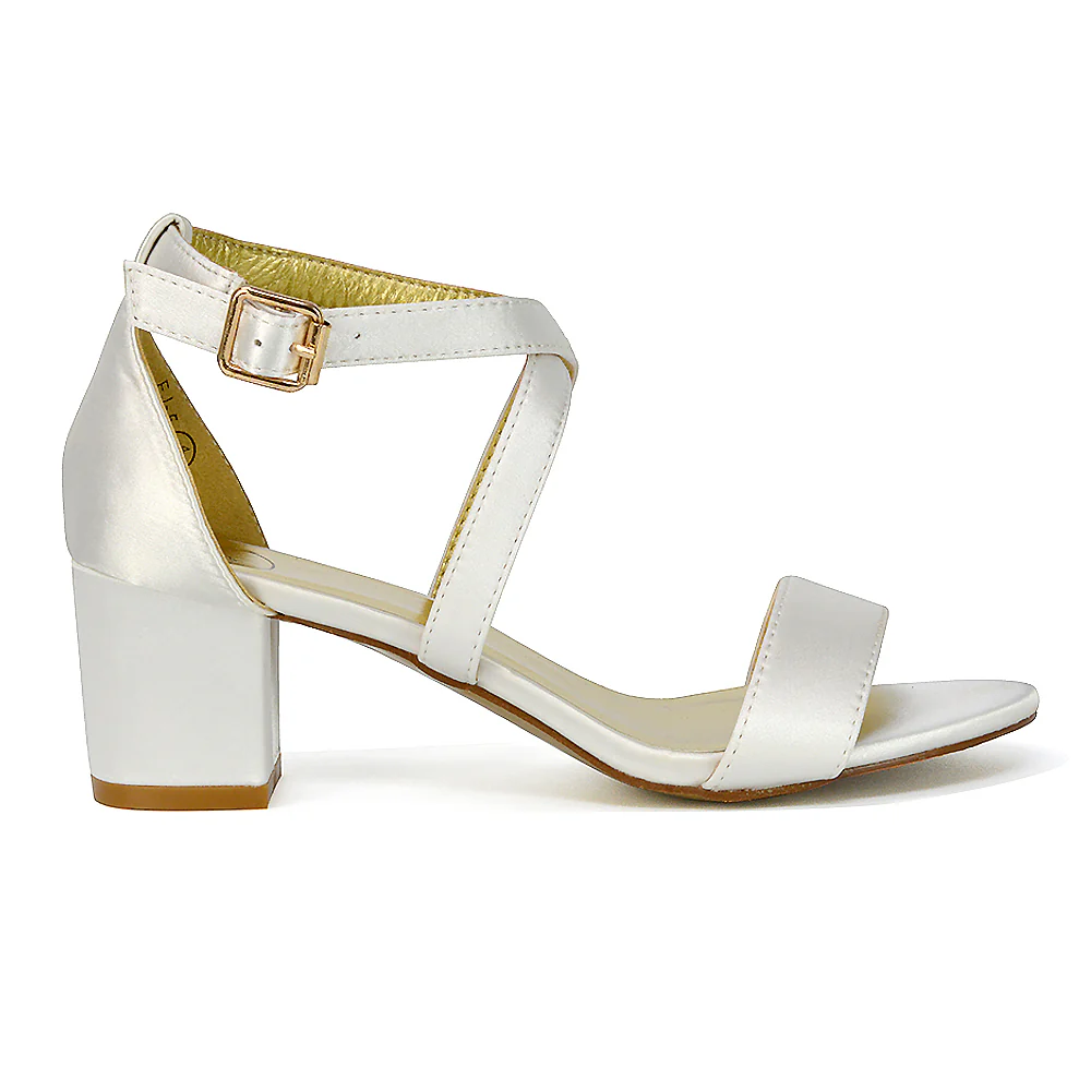 Jordyn Womens Cross Over Buckle Strap Low Chunky Block Heels IN IVORY SATIN - Image 8