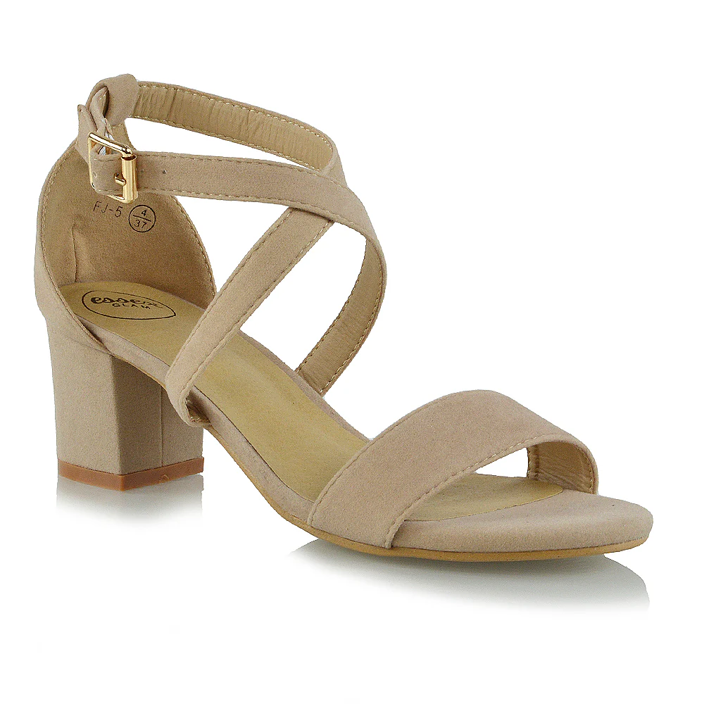 JORDYN CROSS OVER BUCKLE STRAP CHUNKY LOW BLOCK HEELS IN NUDE FAUX SUEDE - Image 20