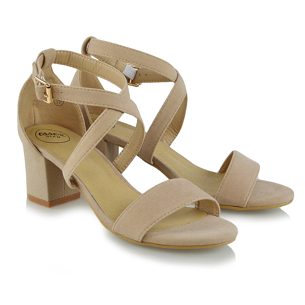 JORDYN CROSS OVER BUCKLE STRAP CHUNKY LOW BLOCK HEELS IN NUDE FAUX SUEDE - Image 3