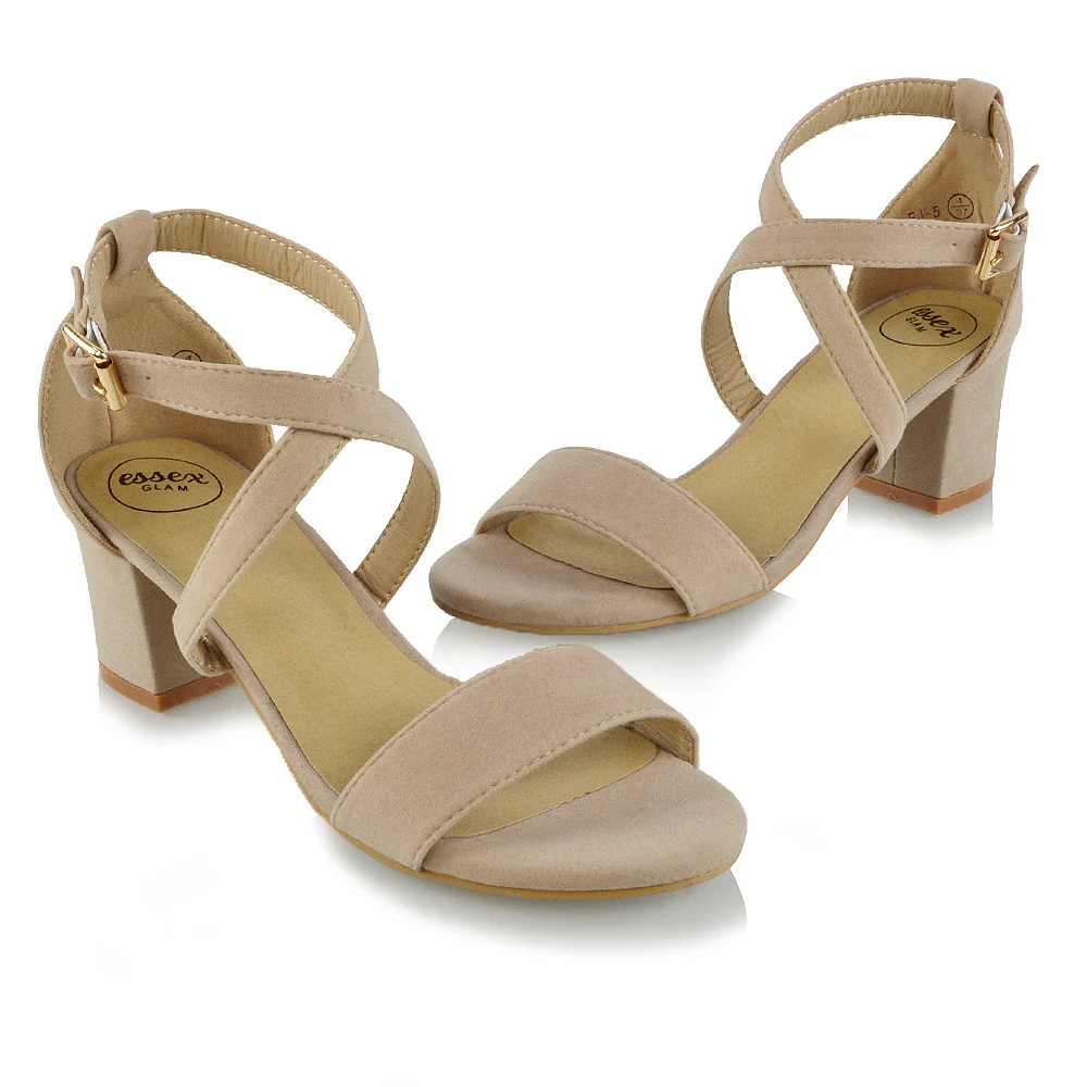 JORDYN CROSS OVER BUCKLE STRAP CHUNKY LOW BLOCK HEELS IN NUDE FAUX SUEDE - Image 4
