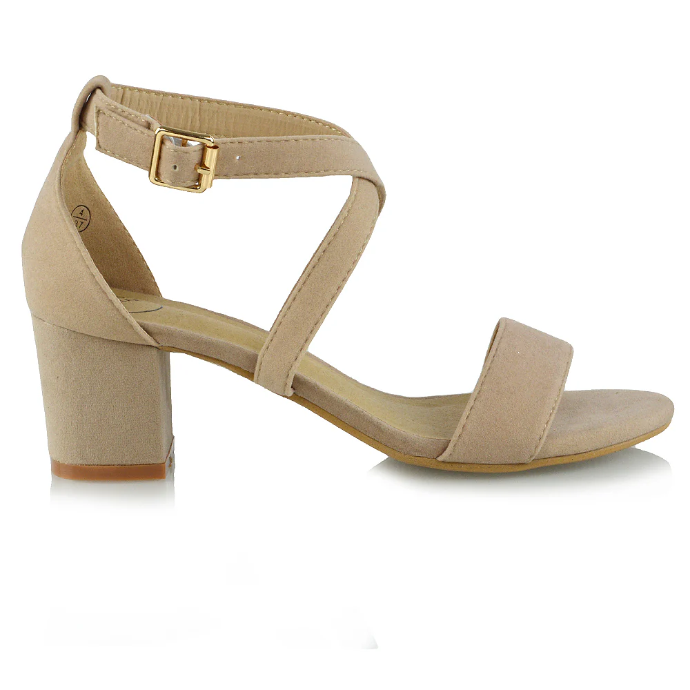 JORDYN CROSS OVER BUCKLE STRAP CHUNKY LOW BLOCK HEELS IN NUDE FAUX SUEDE - Image 6