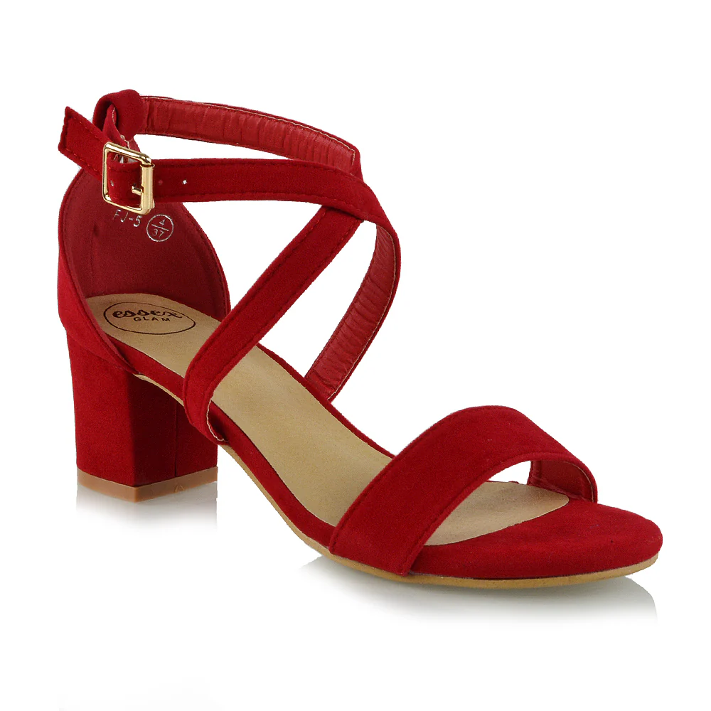 JORDYN CROSS OVER BUCKLE STRAP CHUNKY LOW BLOCK HEELS IN RED FAUX SUEDE - Image 11