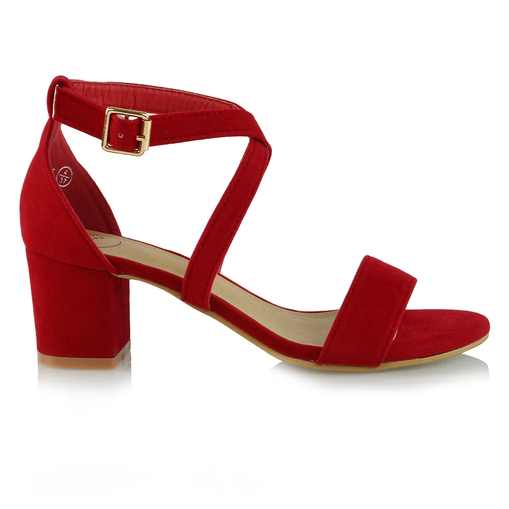 JORDYN CROSS OVER BUCKLE STRAP CHUNKY LOW BLOCK HEELS IN RED FAUX SUEDE - Image 12
