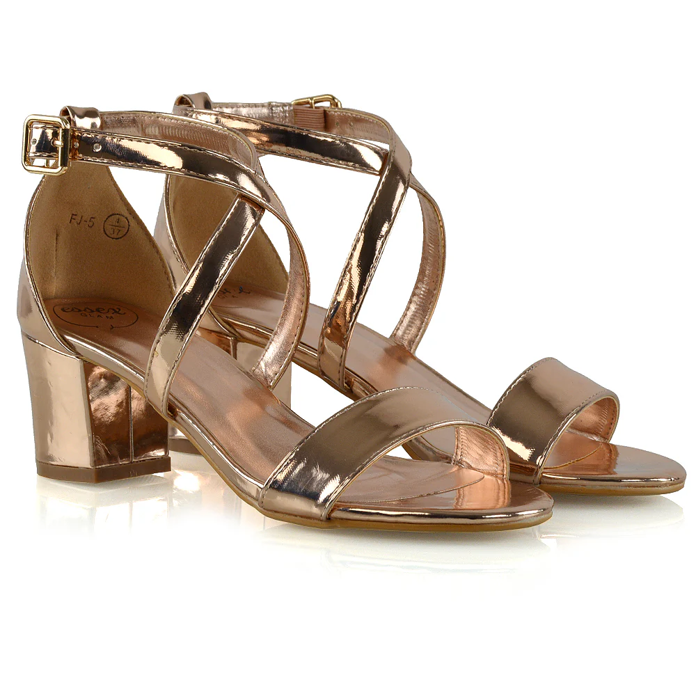 Jordyn Womens Cross Over Buckle Strap Low Chunky Block Heels IN ROSE GOLD - Image 19