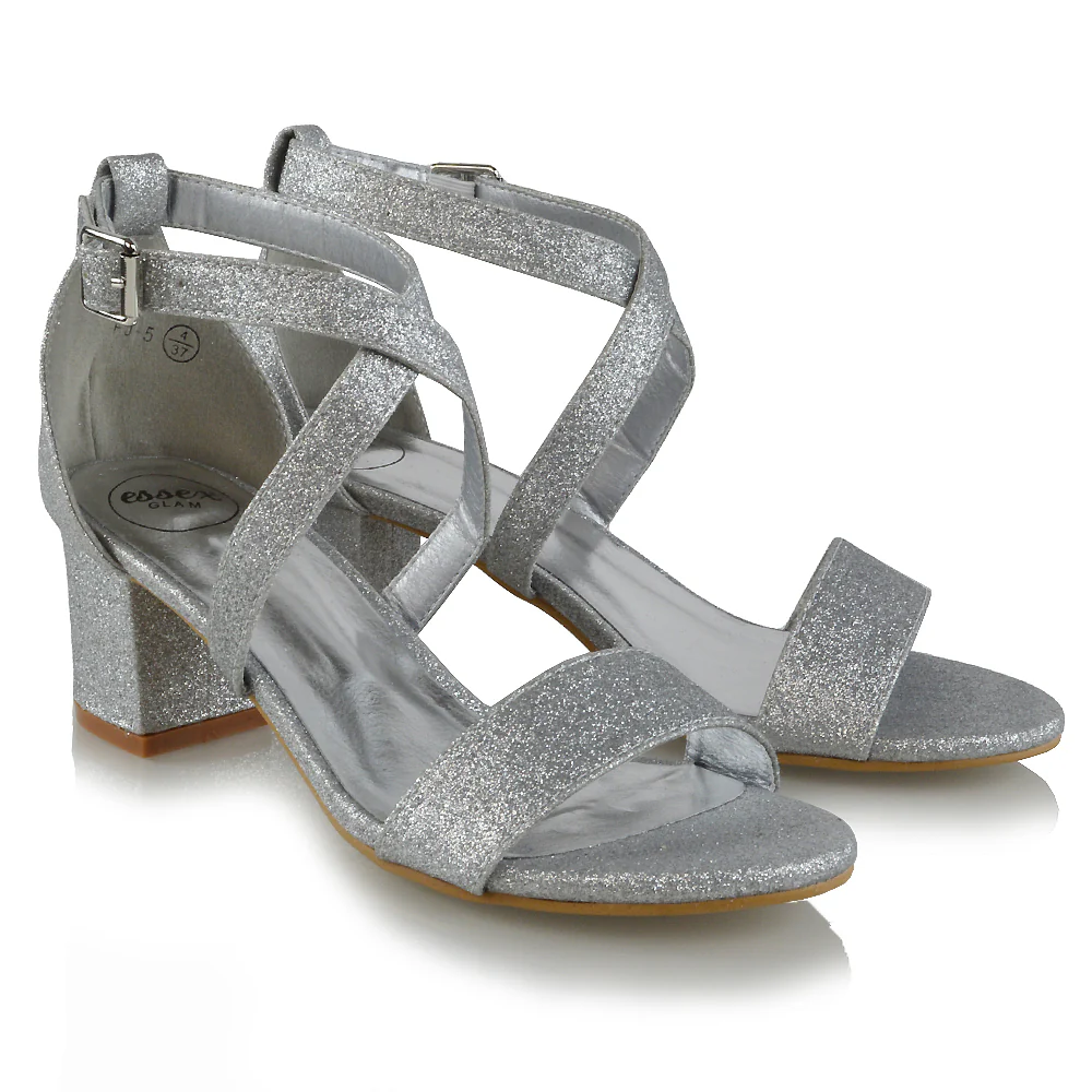 Jordyn Womens Cross Over Buckle Strap Low Chunky Block Heels IN SILVER GLITTER - Image 13