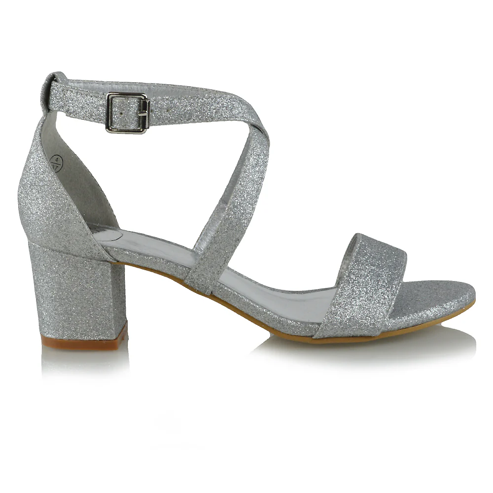 Jordyn Womens Cross Over Buckle Strap Low Chunky Block Heels IN SILVER GLITTER - Image 9