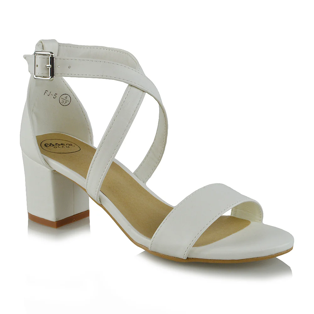 JORDYN CROSS OVER BUCKLE STRAP CHUNKY LOW BLOCK HEELS IN WHITE PU - Image 5