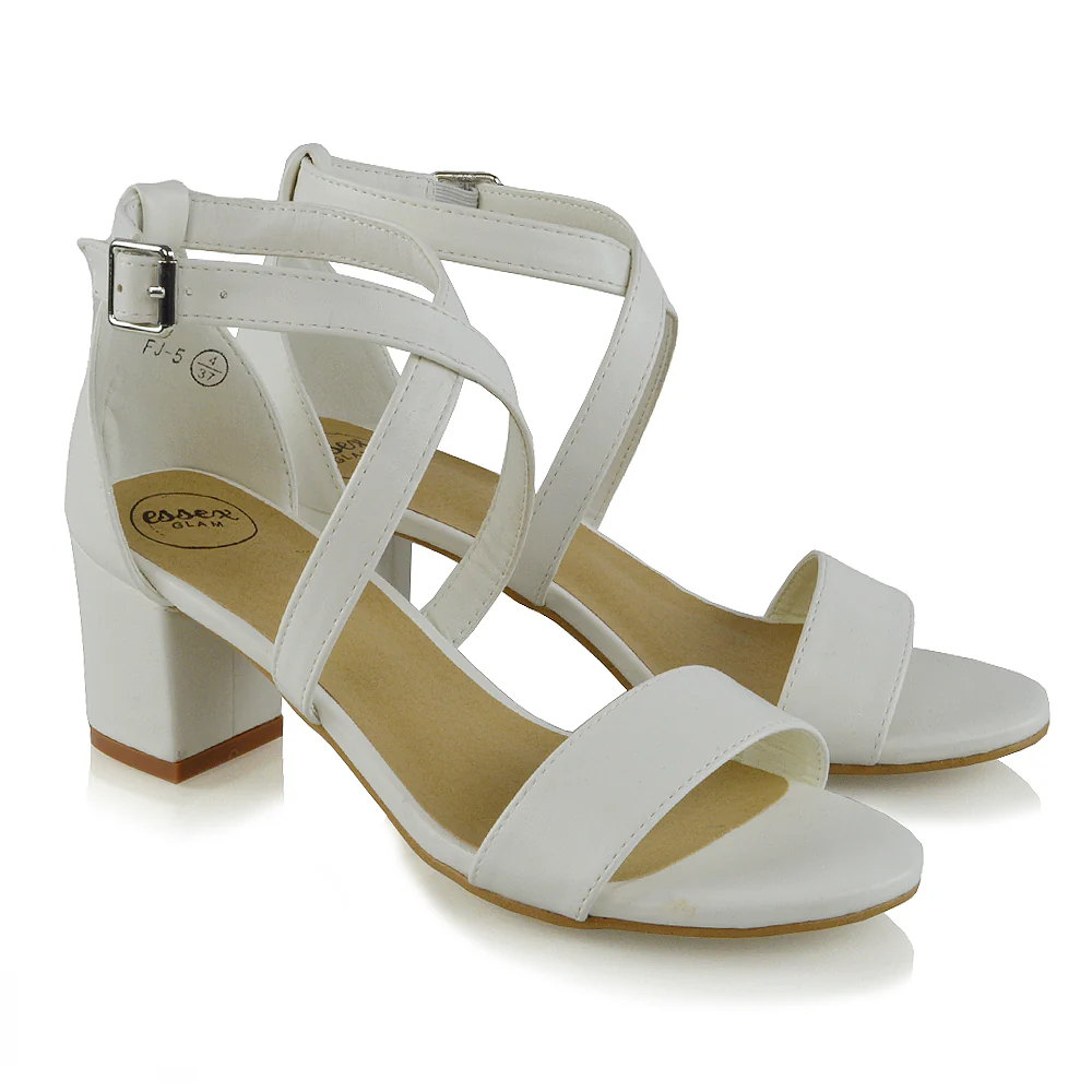 JORDYN CROSS OVER BUCKLE STRAP CHUNKY LOW BLOCK HEELS IN WHITE PU - Image 7