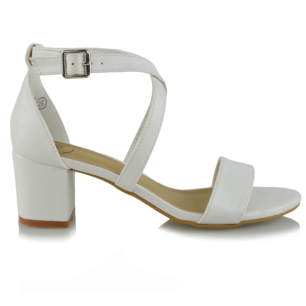 JORDYN CROSS OVER BUCKLE STRAP CHUNKY LOW BLOCK HEELS IN WHITE PU - Image 9