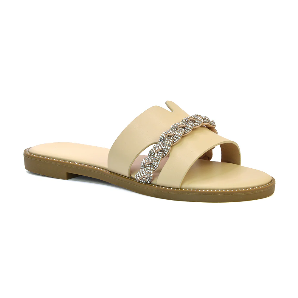 Josie Diamante Chain Slip On Summer Flat Sandals Sliders in Nude - Image 2