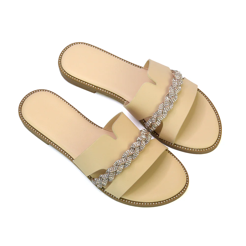 Josie Diamante Chain Slip On Summer Flat Sandals Sliders in Nude - Image 24