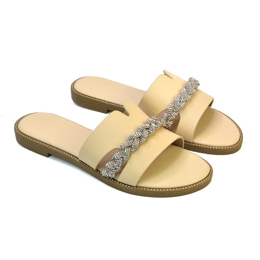 Josie Diamante Chain Slip On Summer Flat Sandals Sliders in Nude - Image 26