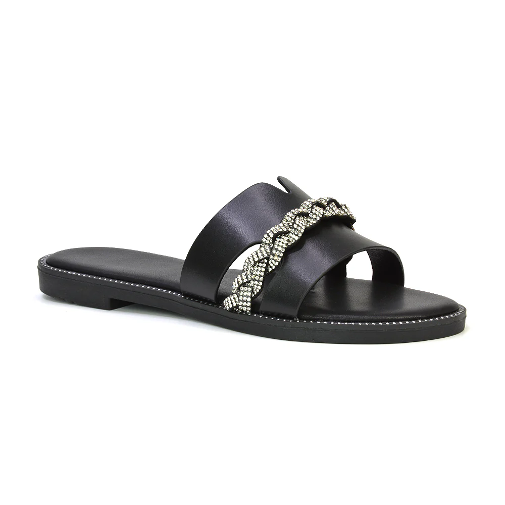 Josie Diamante Chain Slip On Summer Flat Sandals Sliders in Nude - Image 42