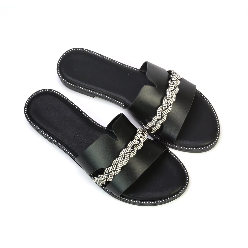 Josie Diamante Chain Slip On Summer Flat Sandals Sliders in Nude - Image 44