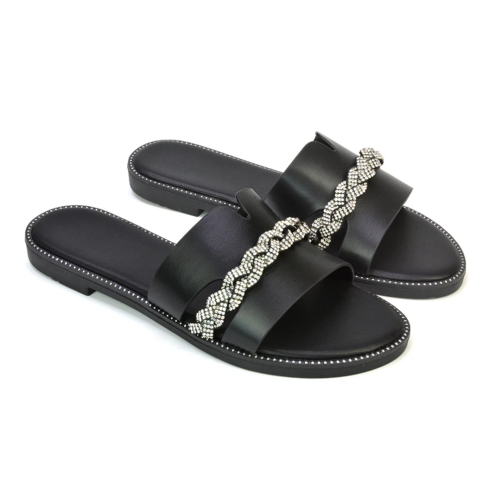 Josie Diamante Chain Slip On Summer Flat Sandals Sliders in Nude - Image 56